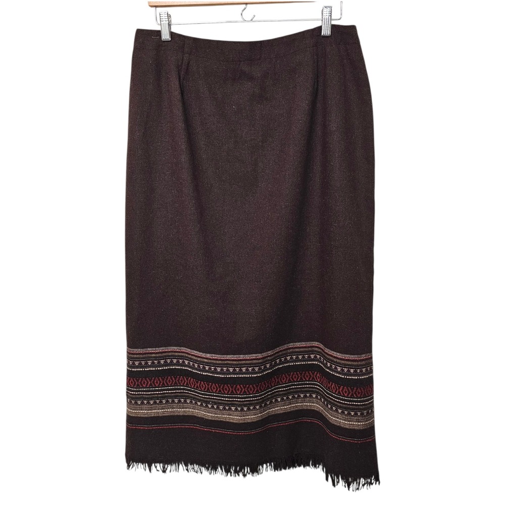 Vintage Maxi Skirt Size 14 Brown Wool Blend‎ Fringe Hem Aztec Trim Pencil Career
